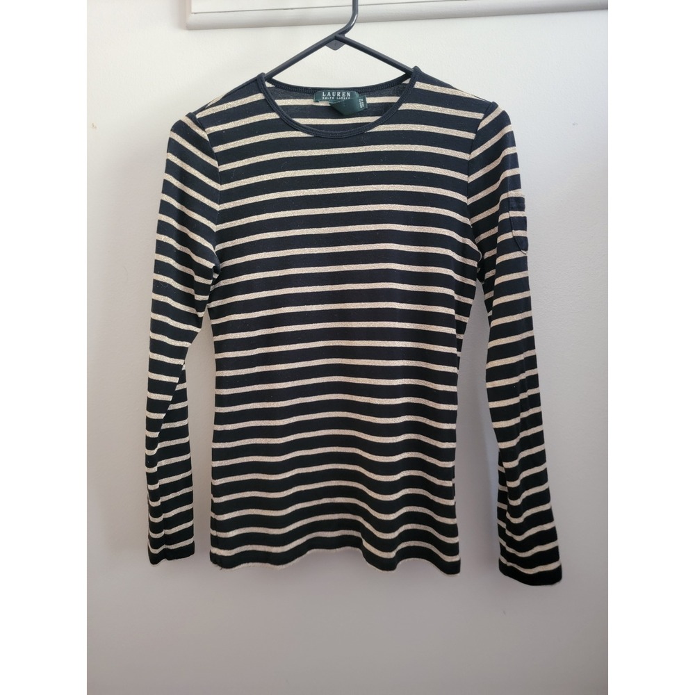 Lauren Ralph Lauren Black Gold Metallic Striped Long Sleeve Top Womens Medium